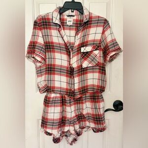 AERIE Plaid Button-Up Pajama Set with pockets and ruffles